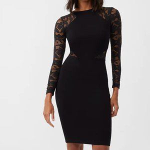 French Connection Viven Long Sleeve Lace Jersey Bodycon Dress, Size 4, Black